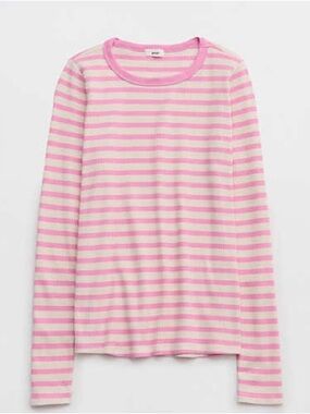 aerie Pink and Cream Striped Long Sleeve Waffle Tee